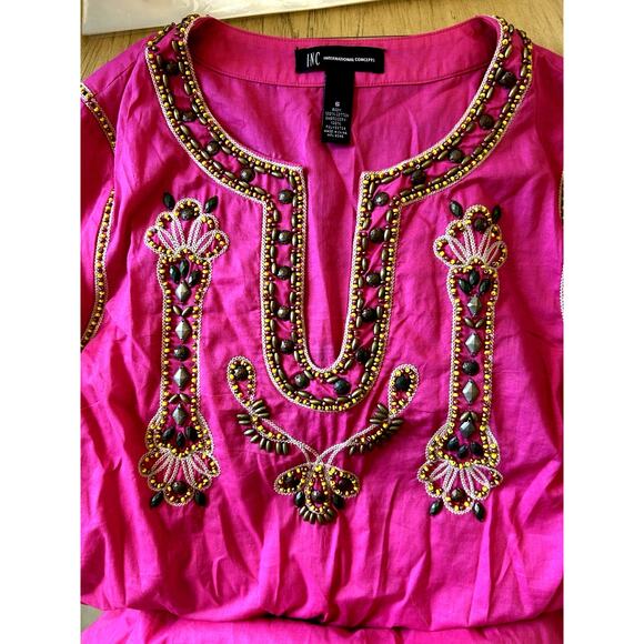 INC Pink Beaded Tunic Coverup boho festival resort vacation Embroidered  sz 6 - Picture 5 of 10